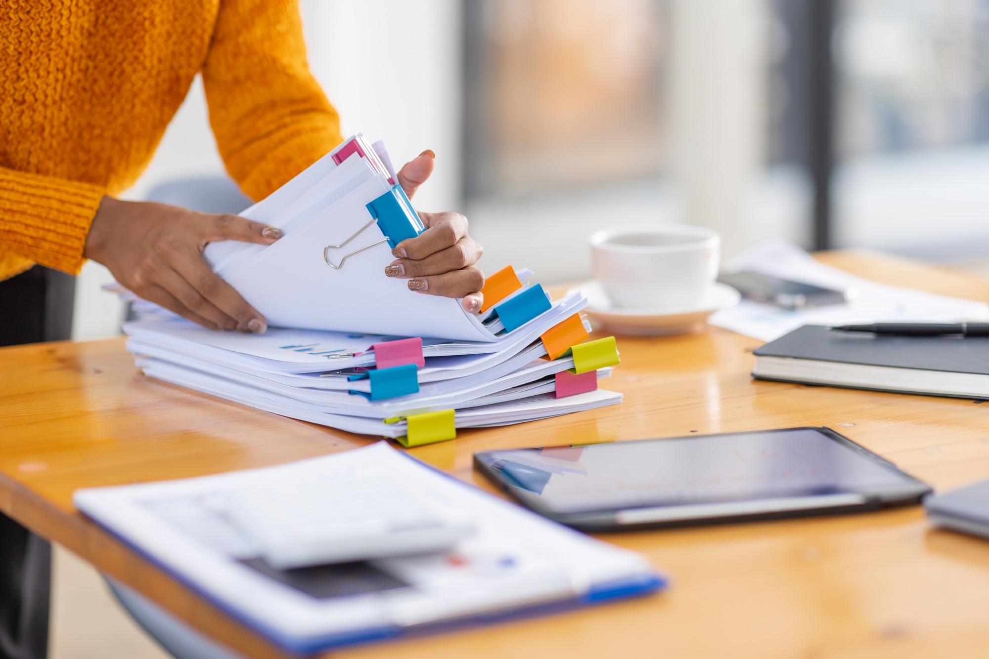 Business Documents, Auditor businesswoman checking searching document legal prepare paperwork or